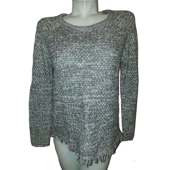 LUCKY BRAND Sweater Women's Size M Brown Ivory Fringe Hem Woven Chunky Knit Top - Picture 1 of 4